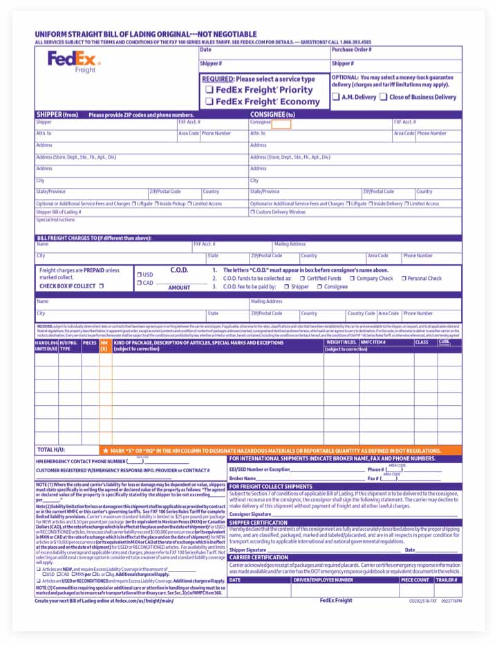 Uniform Straight Bill of Lading Original - Not negotiable
