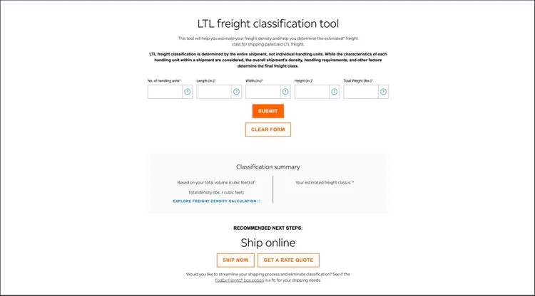 LTL freight classification tool