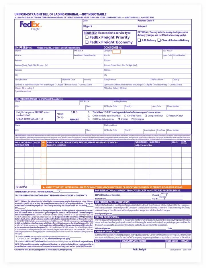 Uniform Straight Bill of Lading Original - Not negotiable